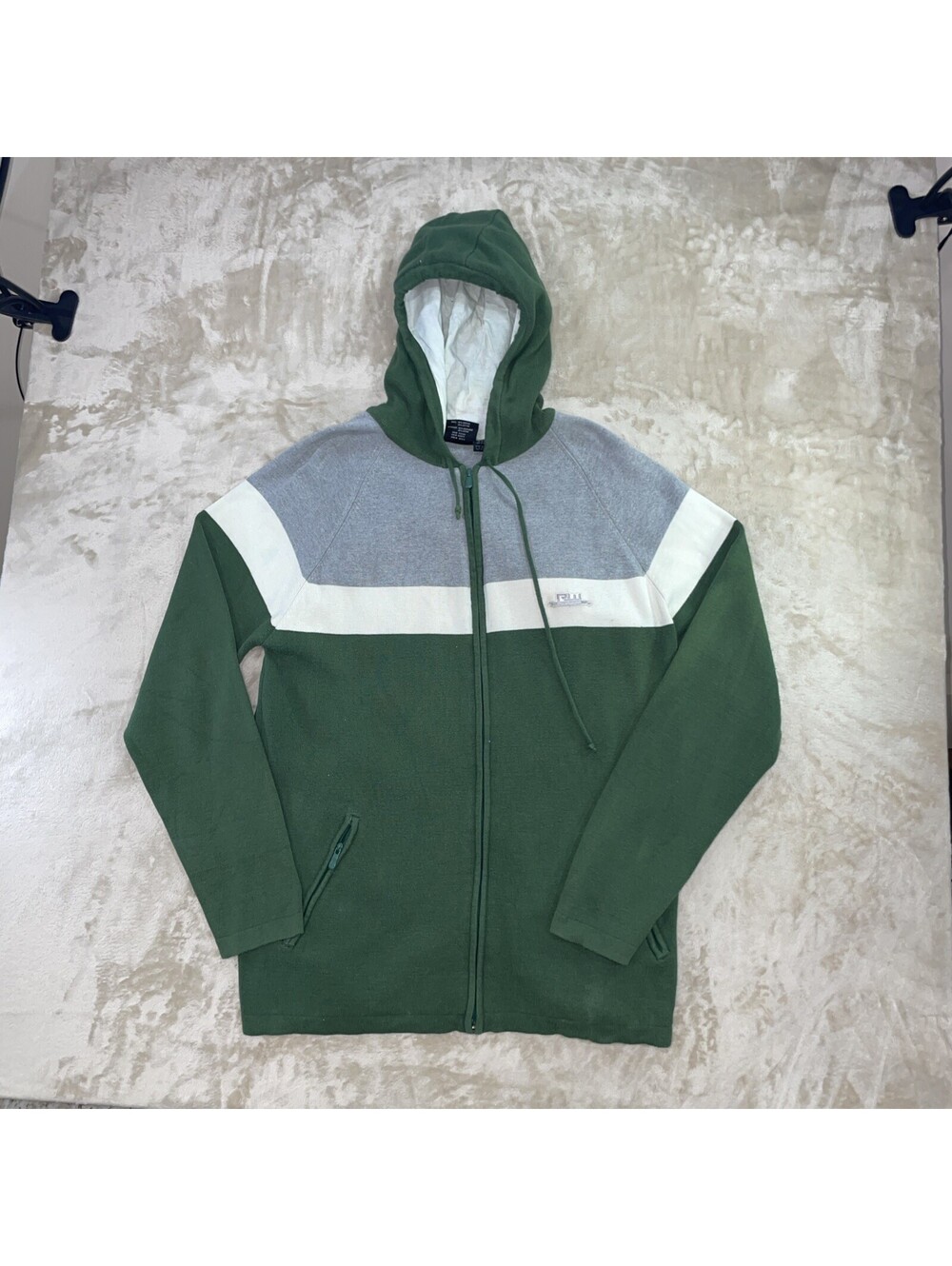 Y2K Rocawear Sweater Green Striped Knit Hooded Zip Hip Hop Vintage Mens XXL